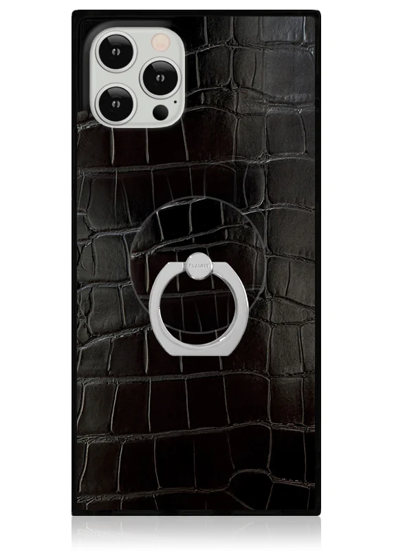 Black Crocodile Faux Leather Adhesive Phone Ring Stand - Image 3