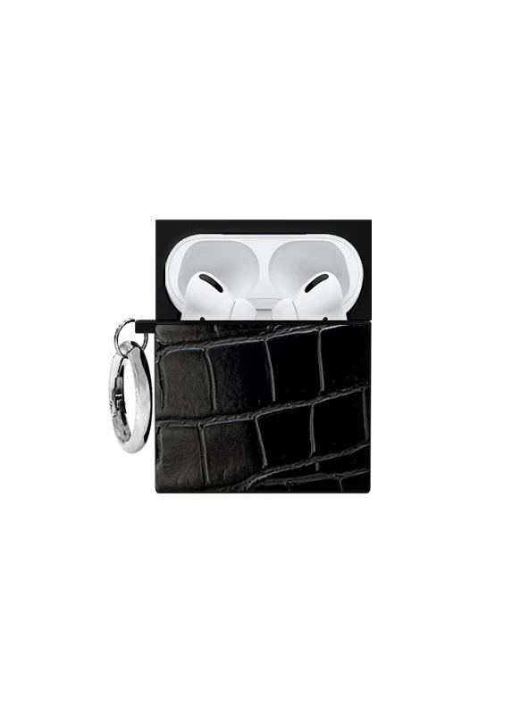 SQUARE® Black Crocodile Faux Leather AirPods Case - Image 14