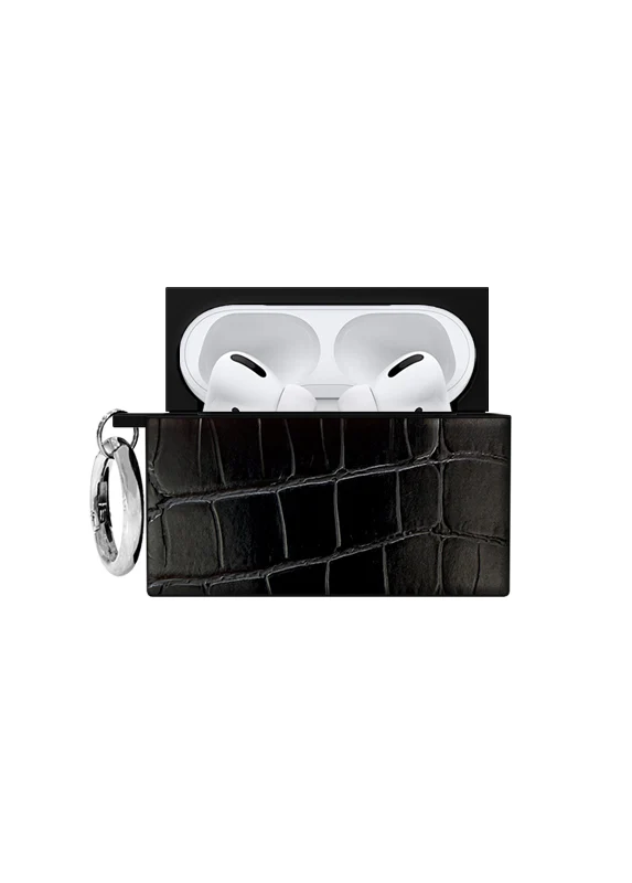 SQUARE® Black Crocodile Faux Leather AirPods Case - Image 6