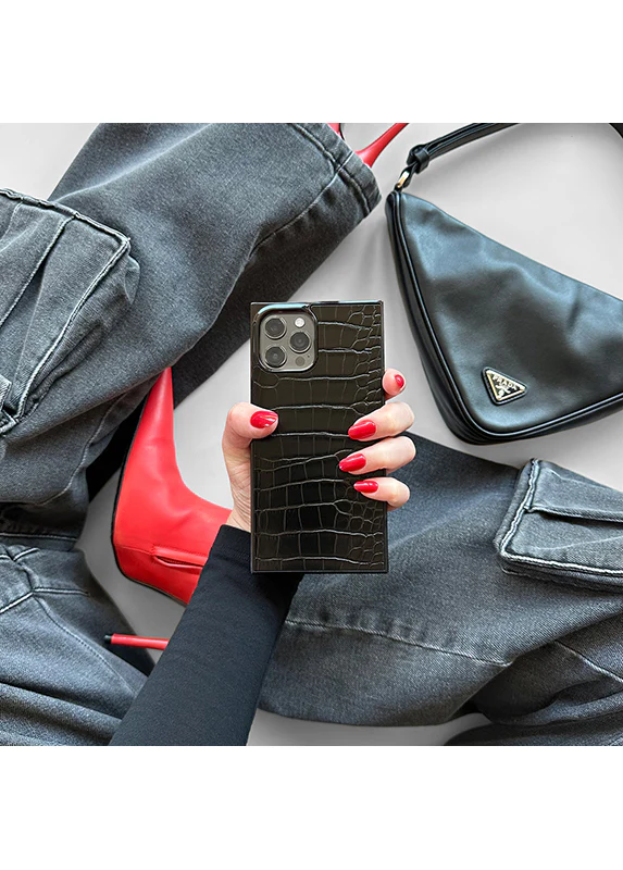 SQUARE® Black Crocodile Faux Leather iPhone Case - Image 86